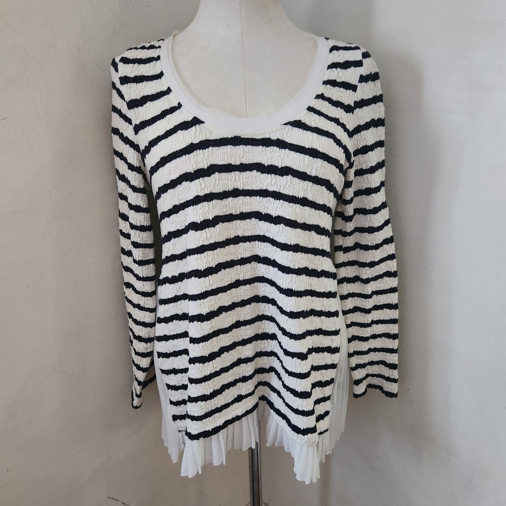 Anthropologie Postmark Striped Textured Top Pleated Chiffon Hem White Navy M